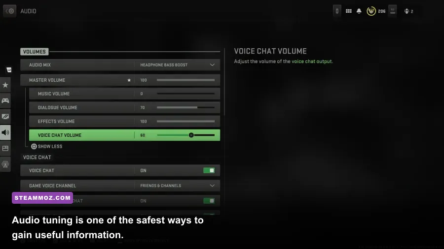 Warzone audio settings menu with headphone mix selected