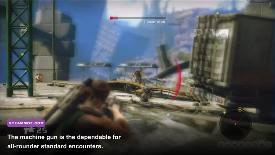 Bionic Commando machine gun combat against enemy soldiers