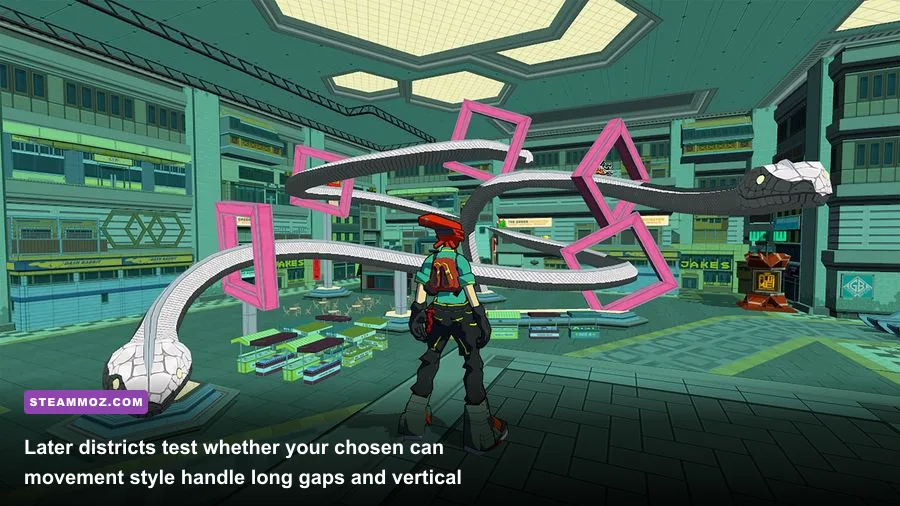 Bomb Rush Cyberfunk character performing an aerial trick across Mataan rooftops