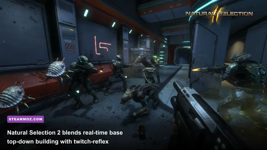 A Kharaa Skulk wall-running to ambush a Marine squad in Natural Selection 2