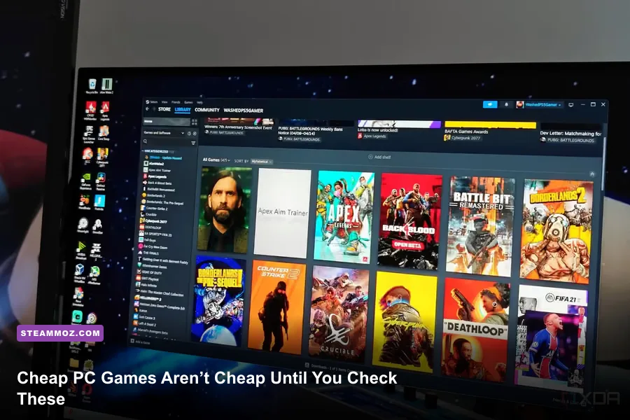 A Steam library filled with affordable indie PC games on a gaming desktop