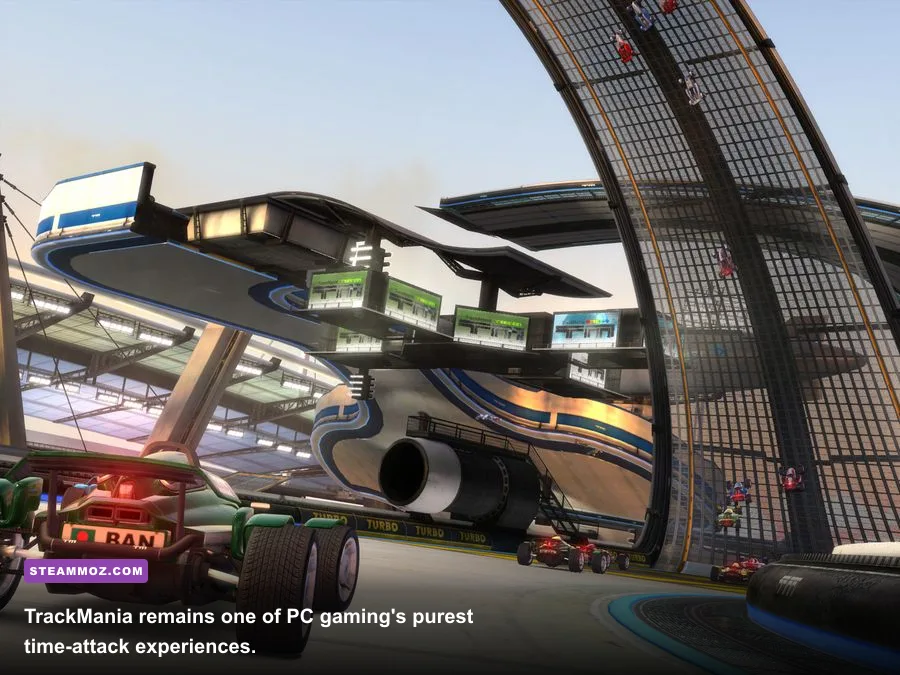 TrackMania Nations Forever car launching across a stadium track