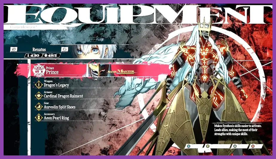 Metaphor ReFantazio protagonist stats and equipment screen