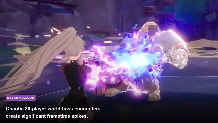 Multiplayer world boss raid in Tower of Fantasy with dozens of particle effects