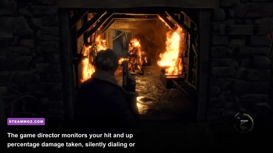 A massive mob of infected Ganados closing in on Leon Kennedy near a flaming effigy in the village center