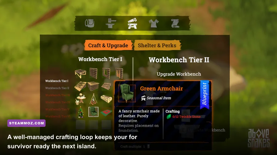 Above Snakes crafting station with survival tools and weapons