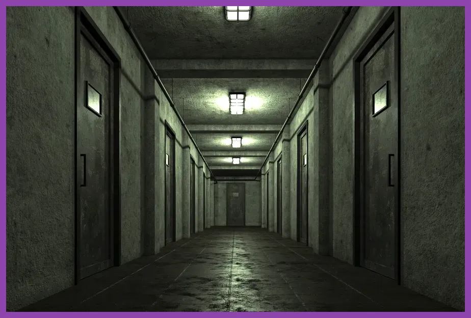 Spooky dark hallway with atmospheric lighting in a horror game