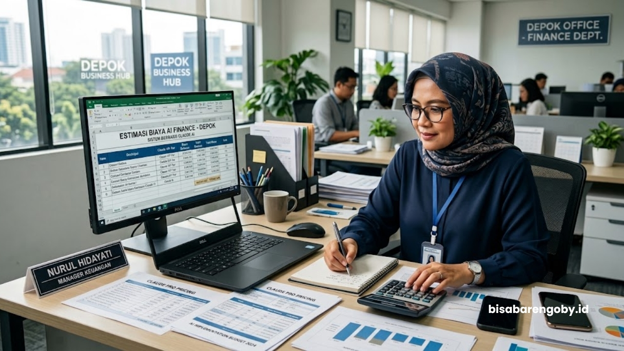 Manajer keuangan menghitung estimasi biaya AI Finance untuk perusahaan di Depok berbasis Claude