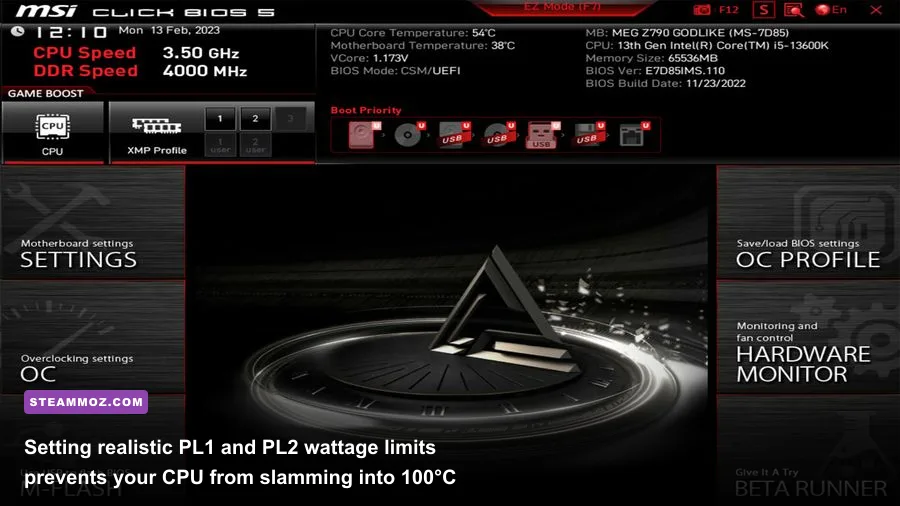 MSI Click BIOS 5 advanced CPU power limit configuration screen showing PL1 and PL2 values