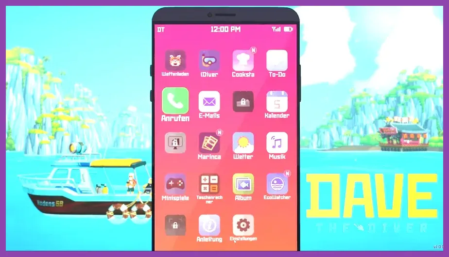 Smartphone interface showing various apps in Dave the Diver
