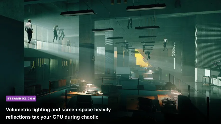 Volumetric lighting and concrete debris in Control Central Executive
