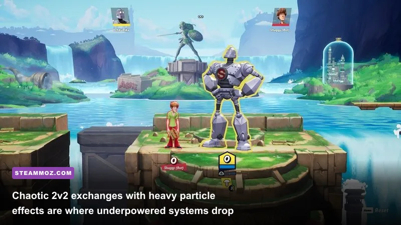 MultiVersus match packed with visual effects, projectiles, and heavy character models
