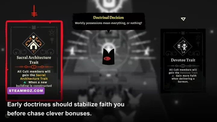 Cult of the Lamb doctrine menu showing early faith and law choices