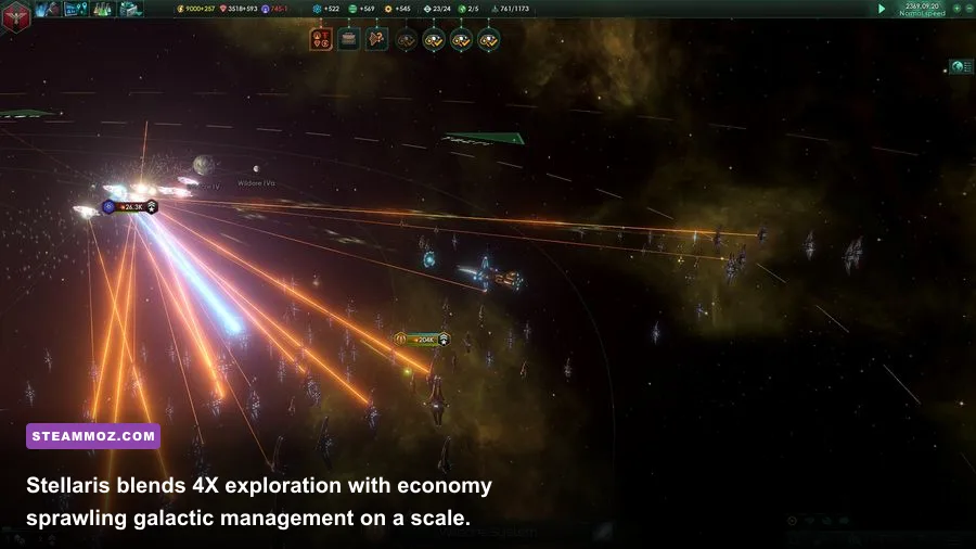Hundreds of battleships and titans firing tachyon lances in a Stellaris space clash