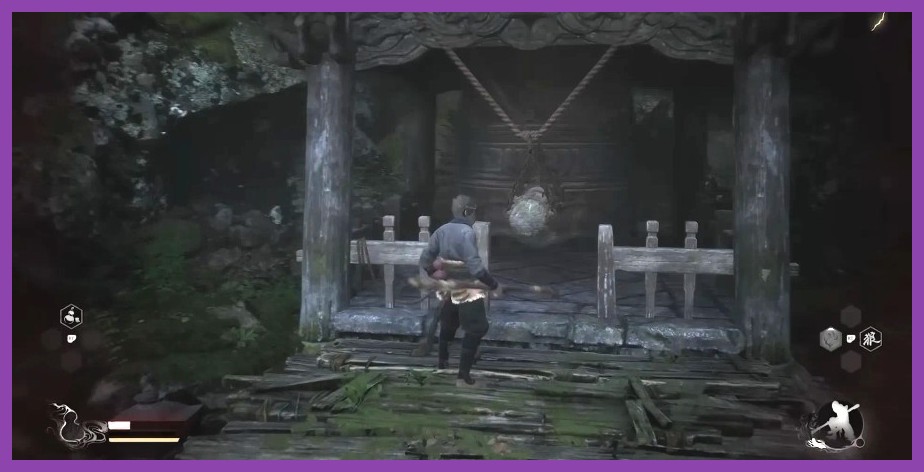 A hidden passage revealed by a cracked wall and glowing lantern in a canyon