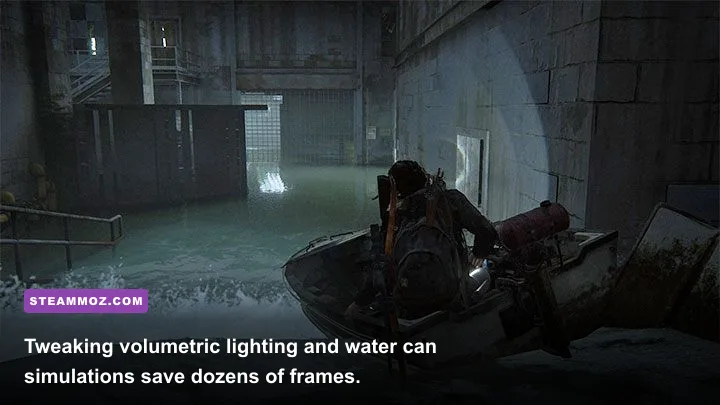 Flooded city motorboat sequence with volumetric fog in The Last of Us Part 2