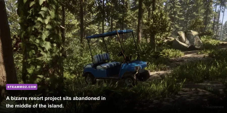 Sons of the Forest golf course with golf carts and putter