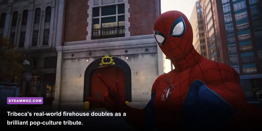 The Hook and Ladder 8 Ghostbusters firehouse tribute in Spider-Man Remastered