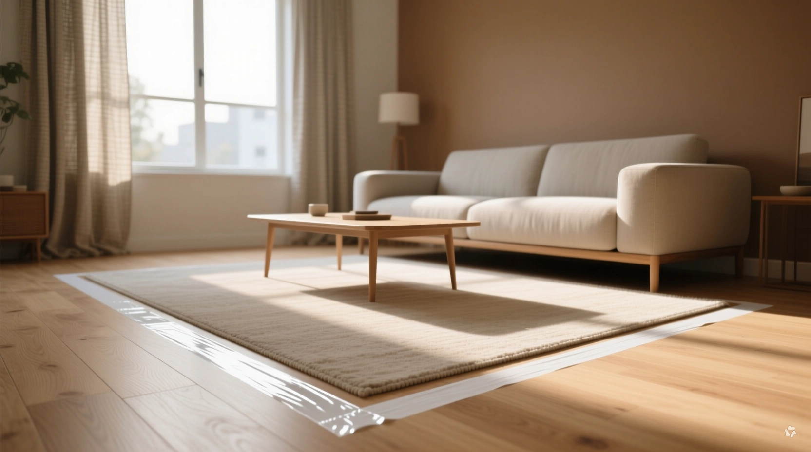 painter's tape outline marking rug size on a living room floor before purchase