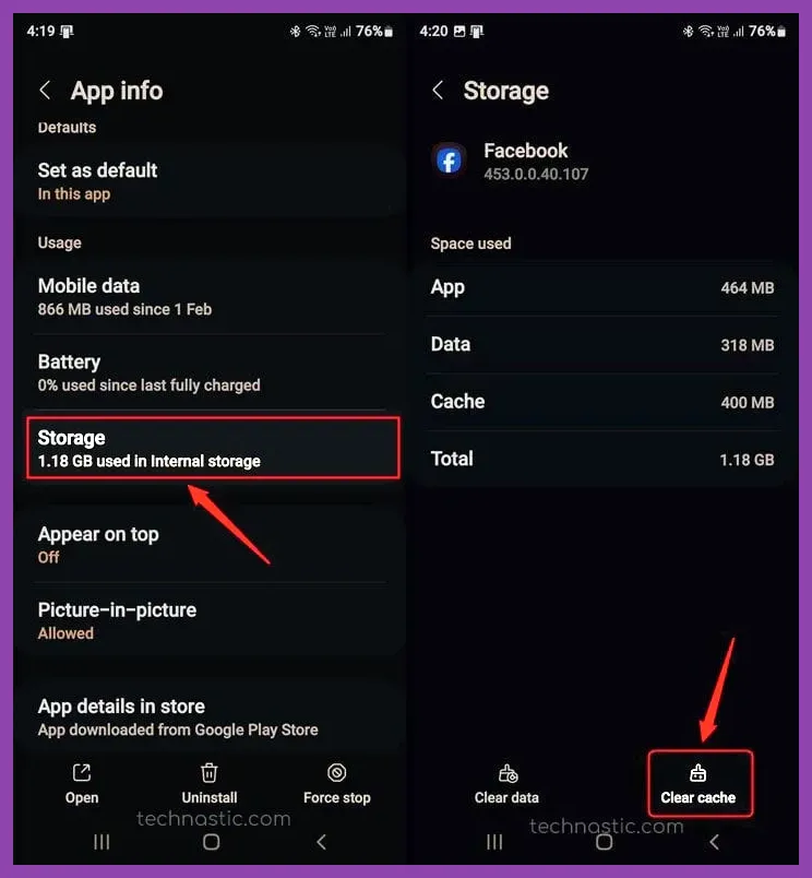 Android device settings showing app storage usage and clear cache option for Free Fire