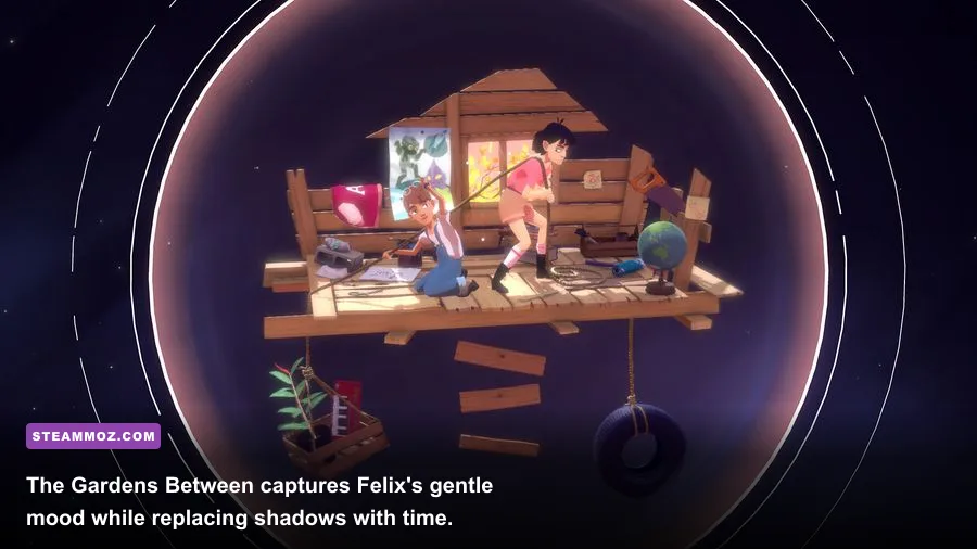 Two children solving a time-based garden puzzle in The Gardens Between