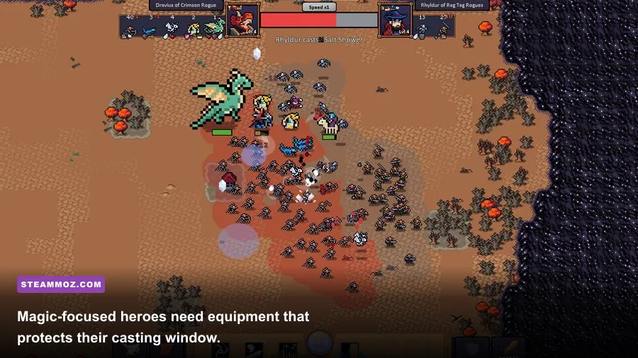 Hero's Hour Rogue Realms spellcaster hero casting a powerful spell over enemy units