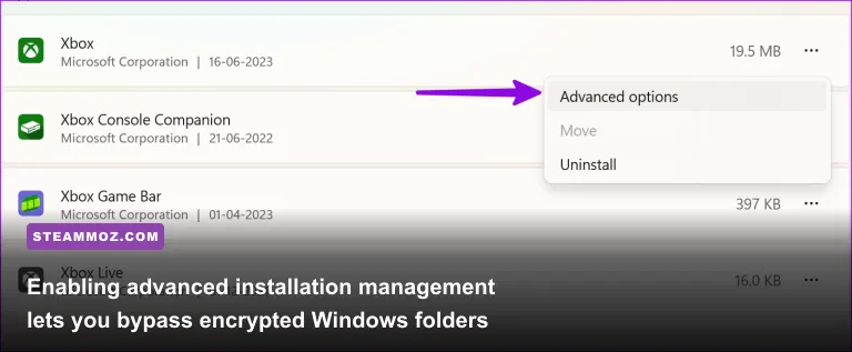Xbox app settings showing default installation folder and mod support toggle