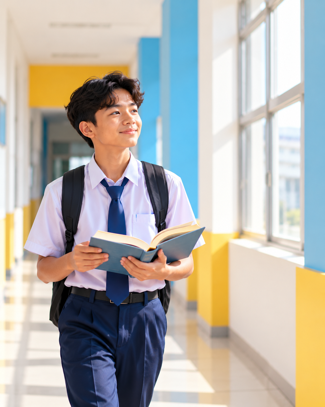 Murid tersenyum memegang buku