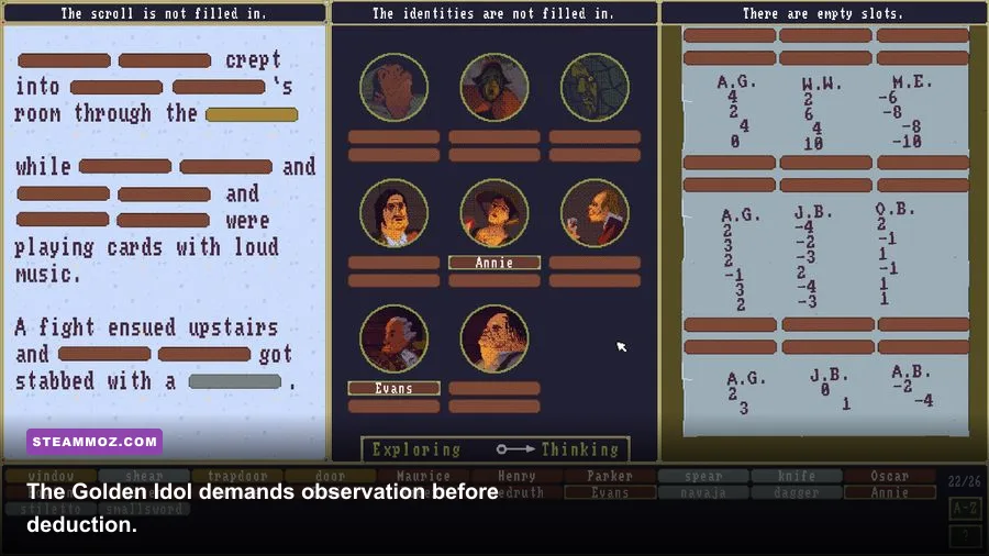 The Case of the Golden Idol pixel-art murder scene with deduction clues and evidence