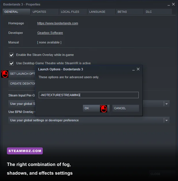 Borderlands 3 PC graphics settings menu showing performance options
