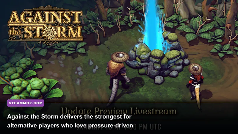 Against the Storm settlement built around a Hearth during a dangerous storm