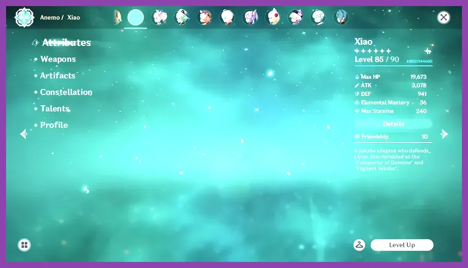 Genshin Impact menu showing elemental mastery and energy recharge