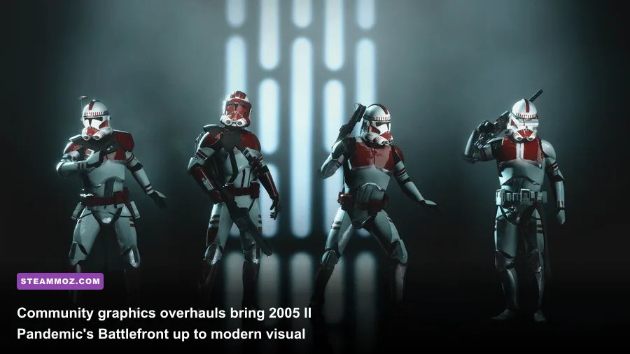 Modded 2005 Star Wars Battlefront 2 showing high-res 501st Legion clone troopers