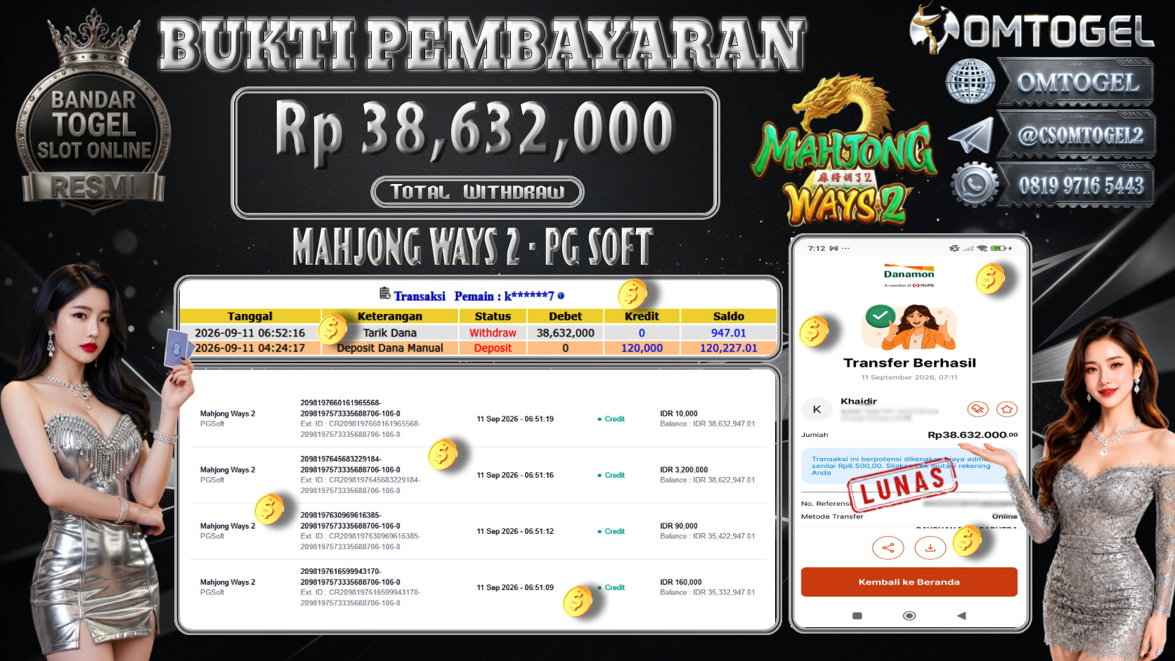 OMTOGEL JACKPOT PG SOFT MAHJONG WAYS 2 Rp.38,632,000,- DIBAYAR LUNAS