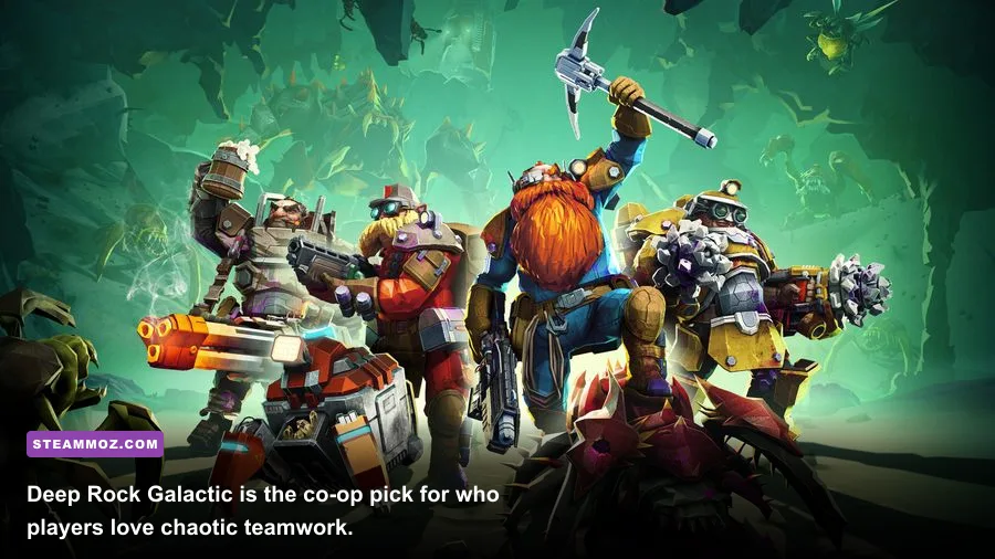 Four Deep Rock Galactic dwarves fighting a Glyphid swarm underground
