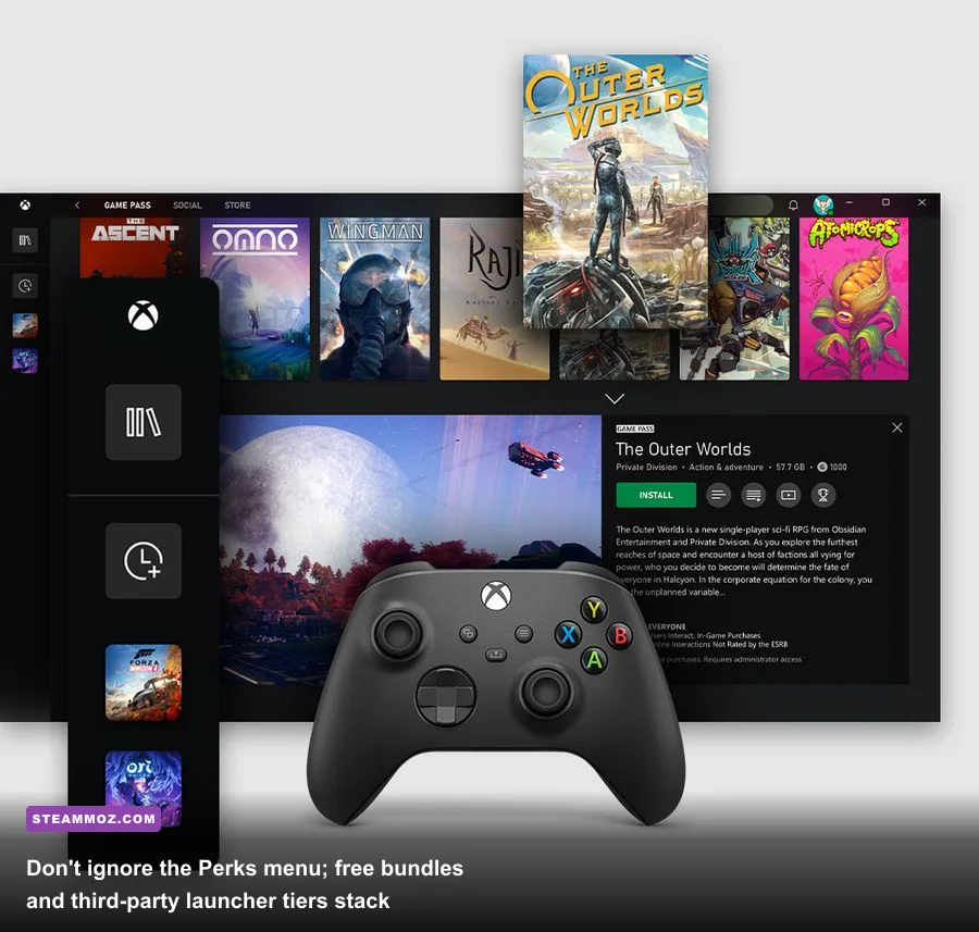 Xbox Game Pass interface displaying claimable perks and connected partner subscriptions