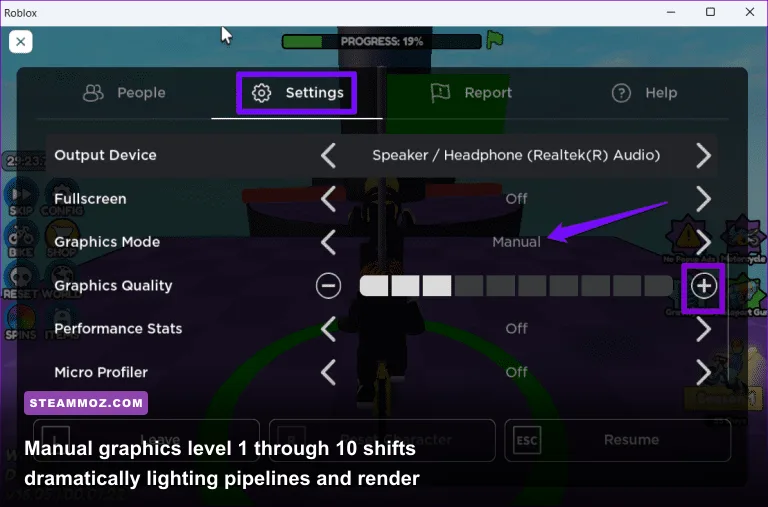 Roblox in-game settings menu showing manual graphics quality slider