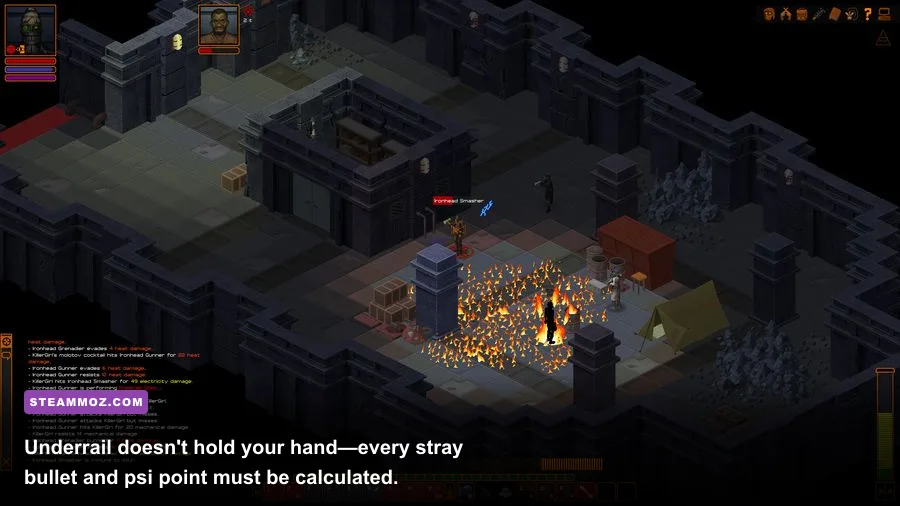 Underrail isometric turn-based combat inside a grim subterranean facility