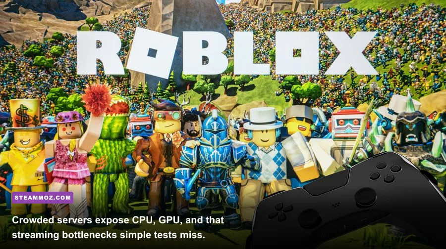 Crowded Roblox experience with many players lighting effects and detailed buildings