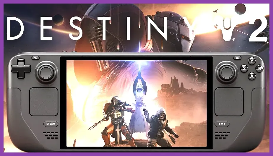 Destiny 2 fireteam of three players on Steam Deck showing UI and weapon loadout