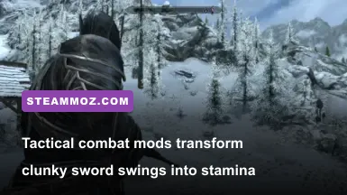 Skyrim third-person combat encounter featuring modern stagger mechanics and custom animations