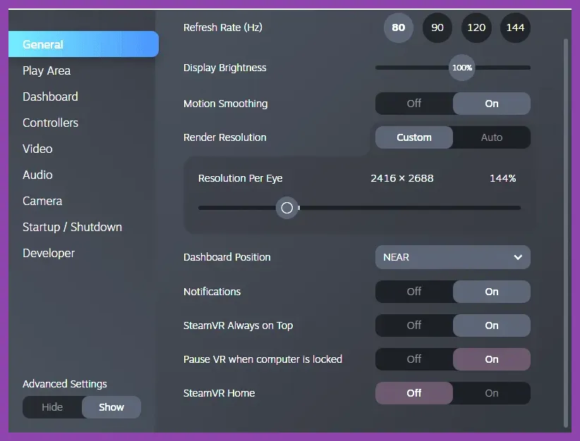 SteamVR dashboard performance settings