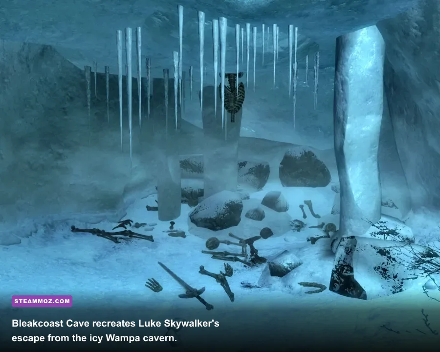 Skeleton hanging upside down from the ice ceiling in Bleakcoast Cave referencing Star Wars