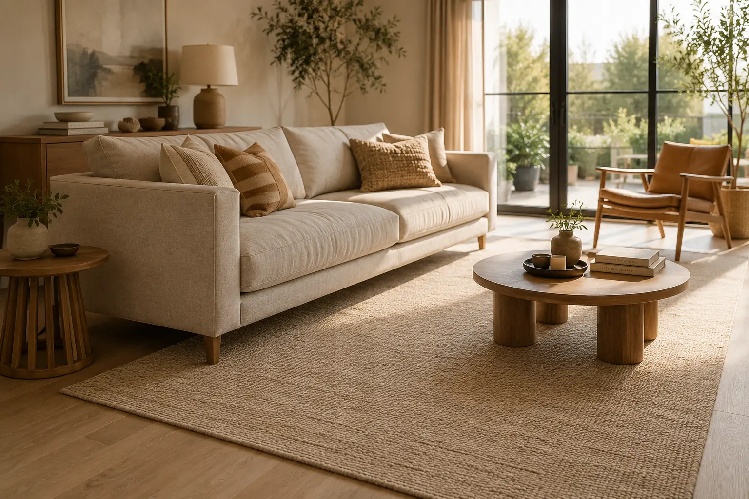 Neutral-toned area rug anchoring the sofa and TV console in a Scandinavian living room