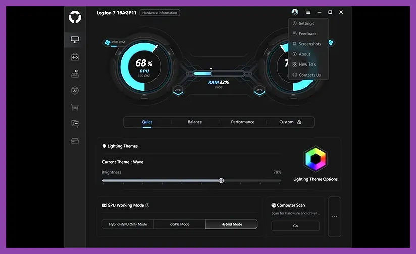 Legion Space power profile settings showing custom thermal modes