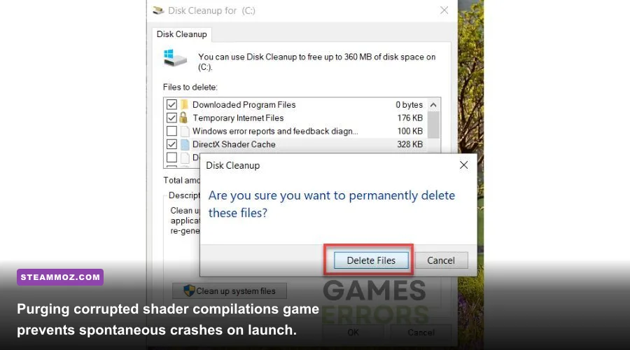 Windows disk cleanup purging DirectX shader cache files