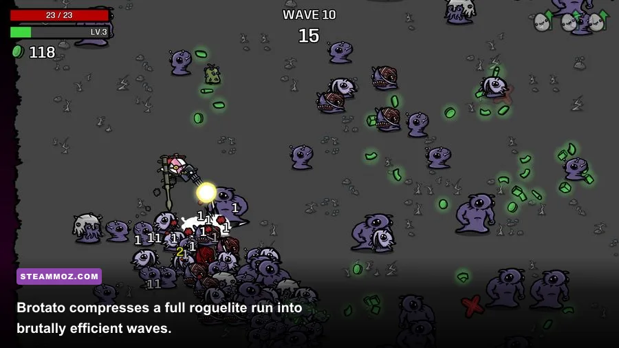 Brotato character using multiple weapons against enemies in an arena