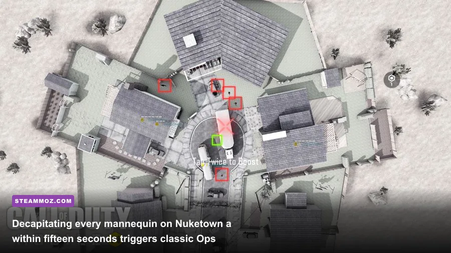 Headless mannequins lined up on the front lawn of Nuketown in Call of Duty Mobile
