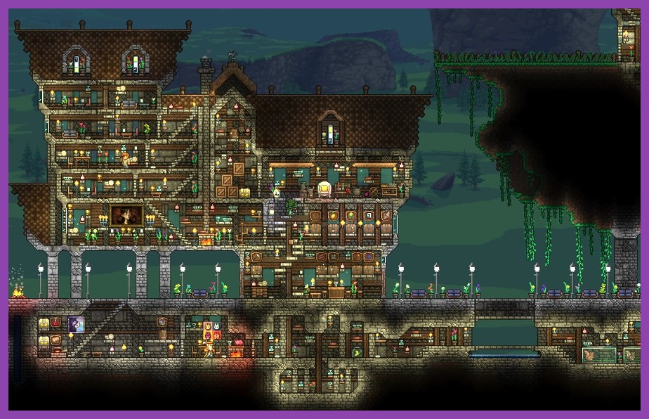 Terraria 2D pixel art building and combat with boss enemy