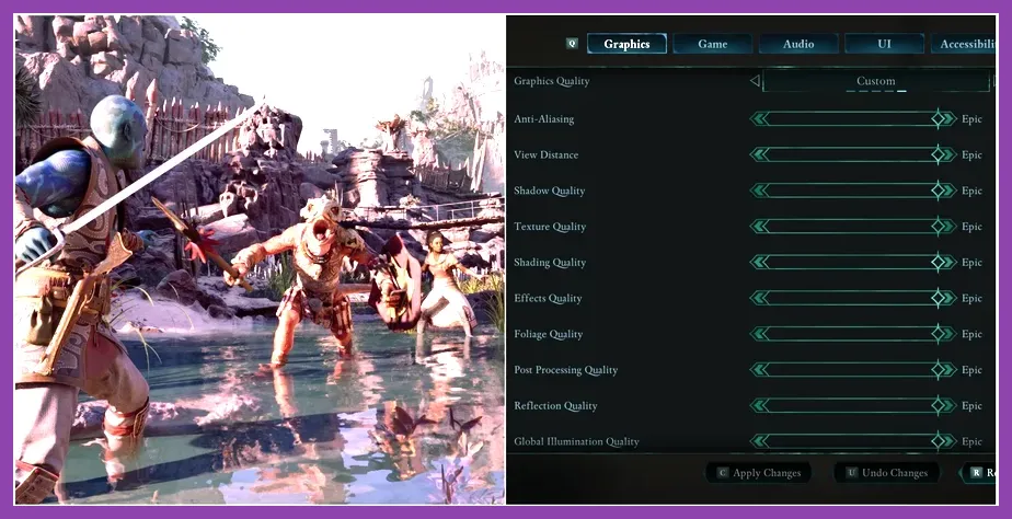 Avowed graphics settings menu showing Texture Quality Medium and Shadow Quality Low